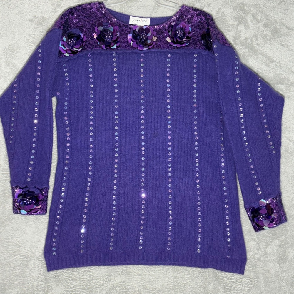 Cedars Vintage Purple Angora Lambswool Sequin Floral Sweater Large 80s 90s Glam